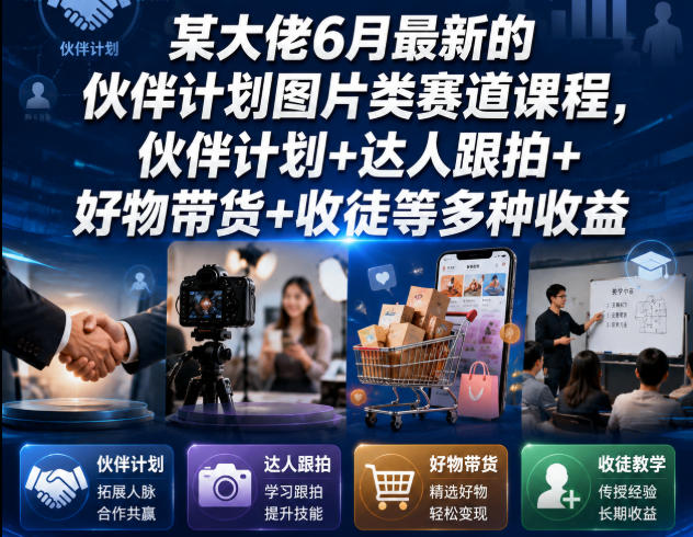 某大佬6月最新的伙伴计划图片类赛道课程，伙伴计划+达人跟拍+好物带货+收徒等多种收益-来友网创