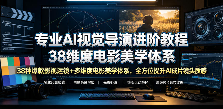 专业AI视觉导演进阶教程，38种爆款影视运镜+多维度电影美学体系，全方位提升AI成片高级感与镜头质感-来友网创