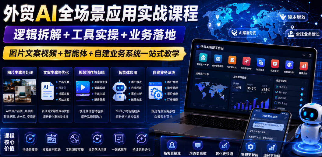 外贸AI全场景应用实战课程｜逻辑拆解+工具实操+业务落地，图片文案视频+智能体+自建业务系统一站式教学-来友网创