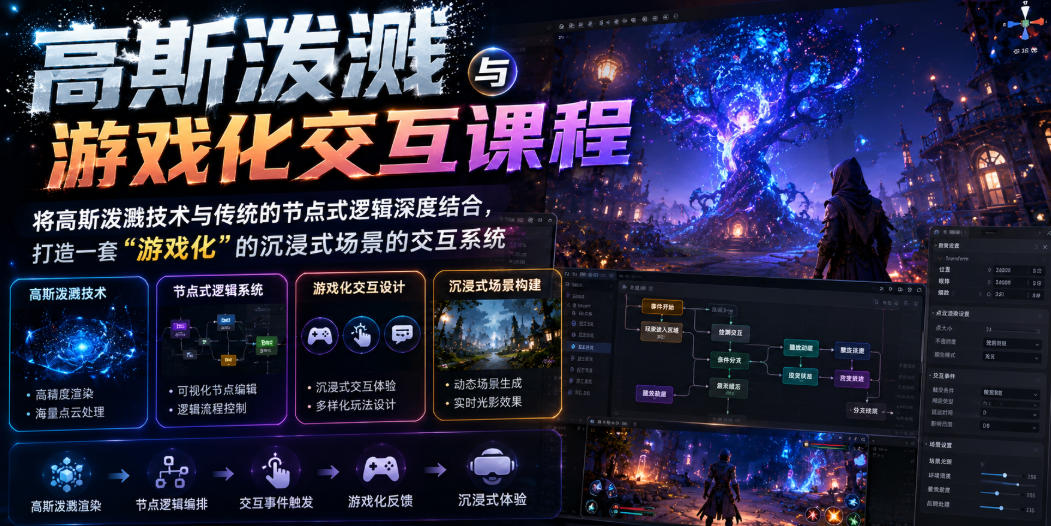 高斯泼溅与游戏化交互课程，将高斯泼溅技术与传统的节点式逻辑深度结合，打造一套“游戏化”的沉浸式场景的交互系统-来友网创