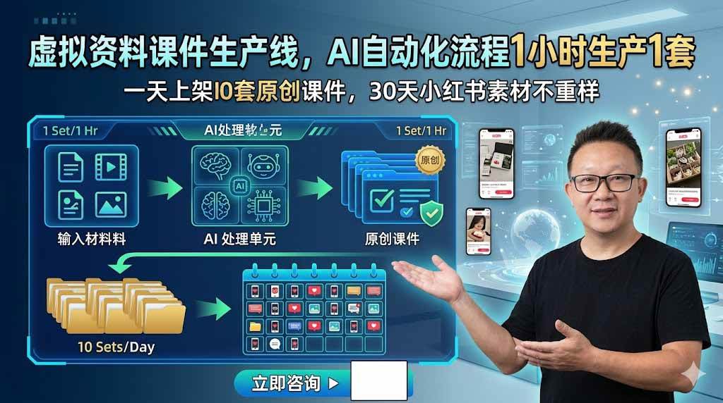 （19091期）虚拟资料课件生产线，AI自动化流程1小时生产1套，一天上架10套原创课件，30天小红书素材不重样-来友网创