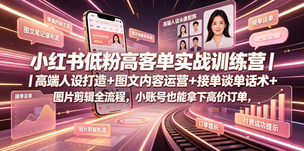 小红书低粉高客单实战训练营｜高端人设打造+图文内容运营+接单谈单话术+图片剪辑全流程，小账号也能拿下高价订单-来友网创