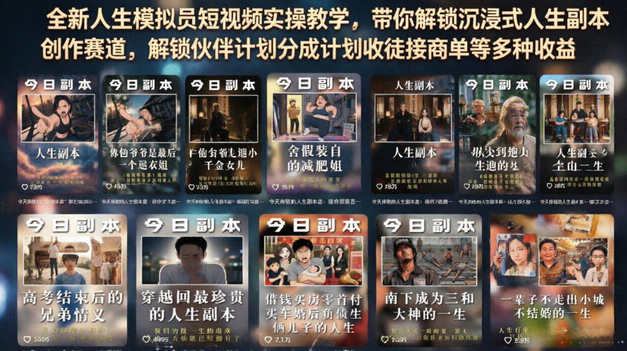 全新人生模拟员短视频实操教学，带你解锁沉浸式人生副本创作赛道，解锁伙伴计划分成计划收徒接商单等多种收益-来友网创
