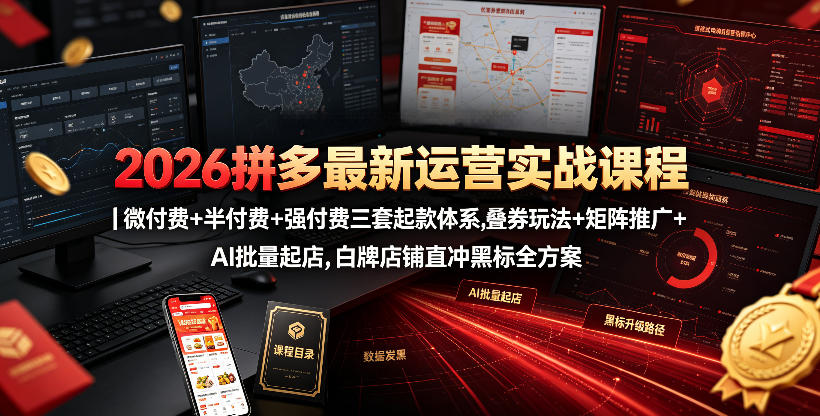 2026拼多多最新运营实战课程｜微付费+半付费+强付费三套起款体系，叠券玩法+矩阵推广+AI批量起店，白牌店铺直冲黑标全方案-来友网创