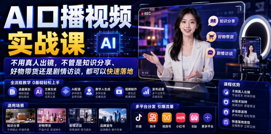 AI口播视频实战课，不用真人出镜，不管是知识分享、好物带货还是剧情访谈，都可以快速落地-来友网创