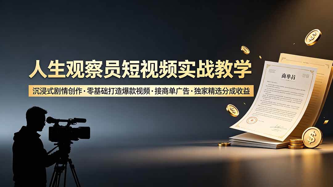 （19113期）人生观察员短视频实战教学，沉浸式剧情创作，零基础打造爆款视频，接商单广告，独家精选分成收益-来友网创