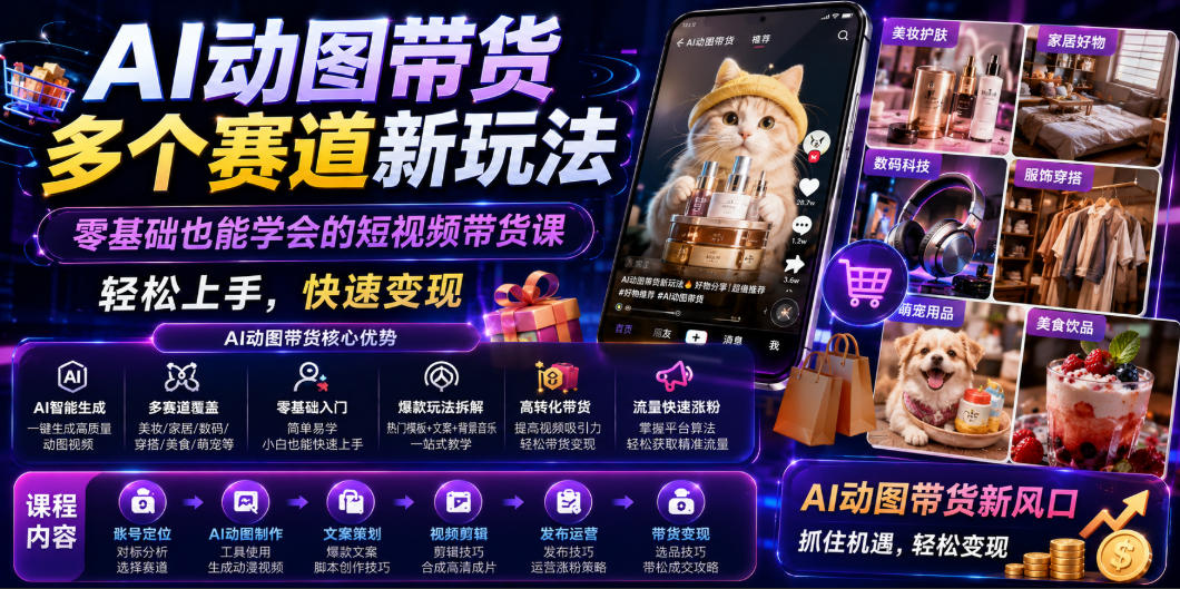 AI动图带货多个赛道新玩法，零基础也能学会的短视频带货课，轻松上手，快速变现-来友网创