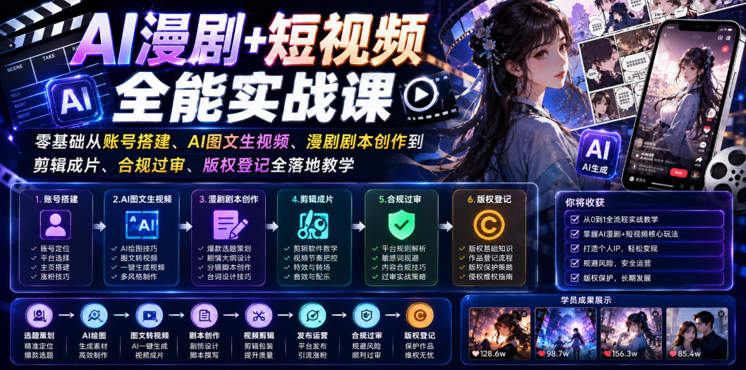 AI漫剧+短视频全能实战课｜零基础从账号搭建、AI图文生视频、漫剧剧本创作到剪辑成片、合规过审、版权登记全落地教学-来友网创