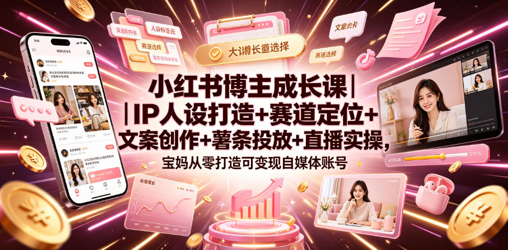 小红书博主成长课｜IP人设打造+赛道定位+文案创作+薯条投放+直播实操，宝妈从零打造可变现自媒体账号-来友网创