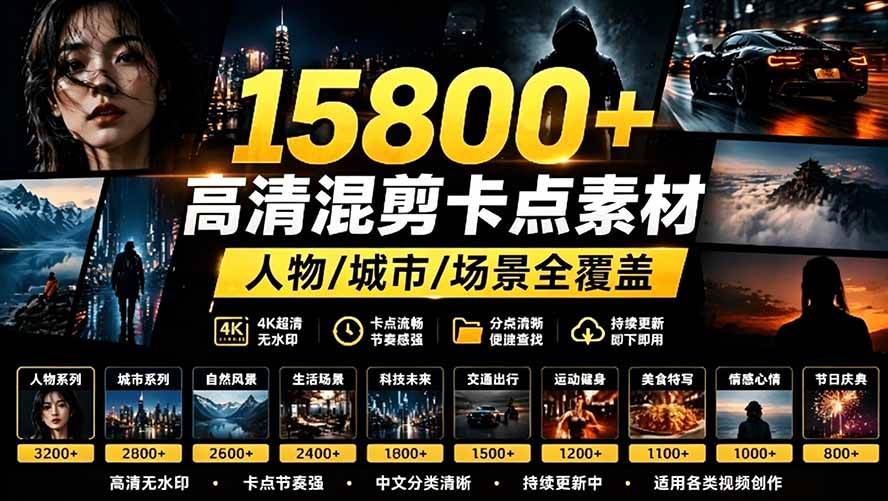 （19120期）【影视剪辑素材合集】15800+高清混剪卡点｜热门影视精彩片段｜人物/城市/场景全覆盖，中文分类清晰-来友网创