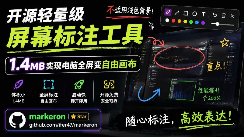 开源轻量级屏幕标注工具，1.4MB实现电脑全屏变自由画布！支持8种标注工具和全键盘操控MarkerOn-来友网创