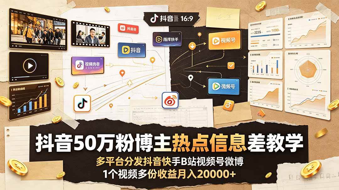 （19145期）抖音50万粉博主热点信息差教学：多平台分发抖音快手B站视频号微博，1个视频多份收益月入20000+-来友网创