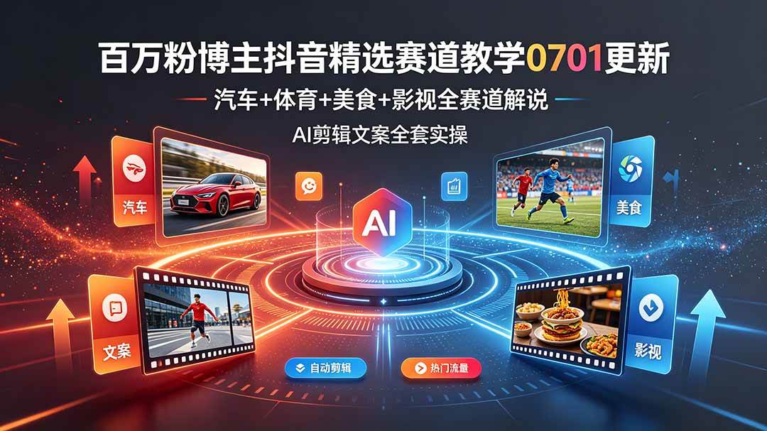 （19144期）百万粉博主抖音精选赛道教学-0701更新，汽车+体育+美食+影视全赛道解说，AI剪辑文案全套实操-来友网创