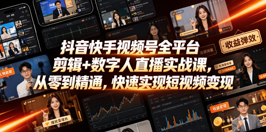 抖音快手视频号全平台剪辑+数字人直播实战课，从零到精通，快速实现短视频变现(更新2026年6月)​-来友网创