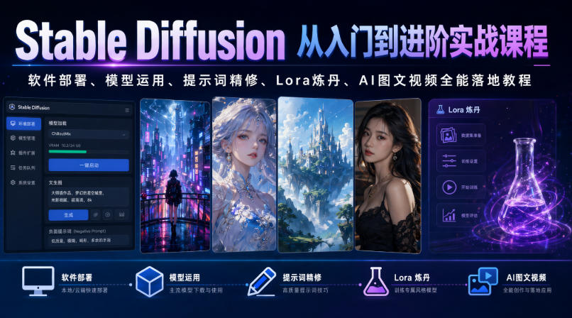 Stable Diffusion从入门到进阶实战课程｜软件部署、模型运用、提示词精修、Lora炼丹、AI图文视频全能落地教程-来友网创