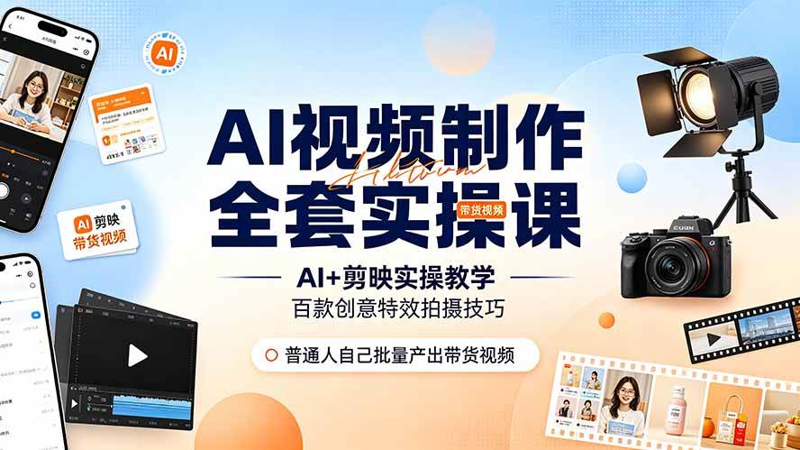 （19200期）AI视频制作全套实操课，多款AI工具搭配剪映教学，百种特效运镜拍摄实操，抖音账号带货运营全覆盖-来友网创