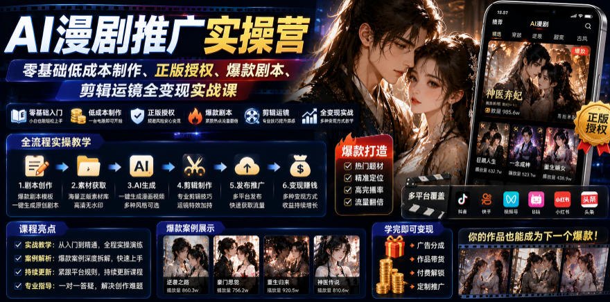 AI漫剧推广实操营｜零基础低成本制作、正版授权、爆款剧本、剪辑运镜全变现实战课-来友网创