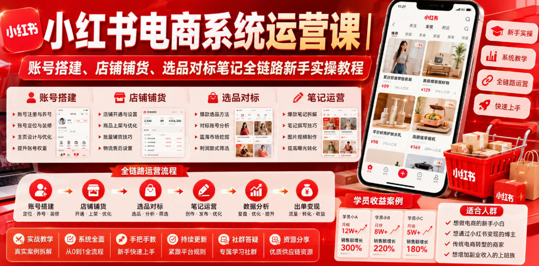 小红书电商系统运营课｜账号搭建、店铺铺货、选品对标笔记全链路新手实操教程-来友网创