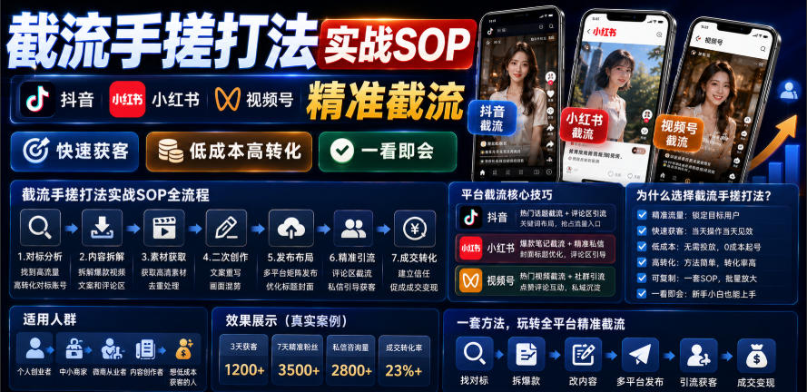 截流手搓打法实战SOP，抖音小红书视频号精准截流，快速获客，低成本高转化，一看即会-来友网创