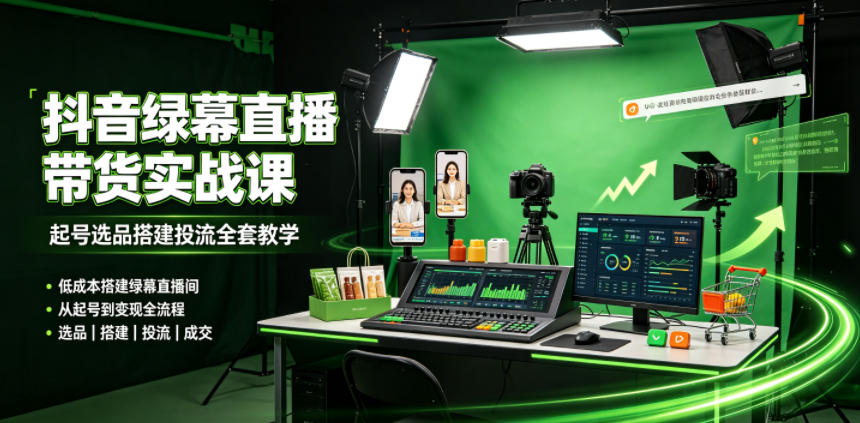 某社群抖音绿幕直播带货实战课，起号选品搭建投流全套教学，低成本搭建绿幕直播间-来友网创