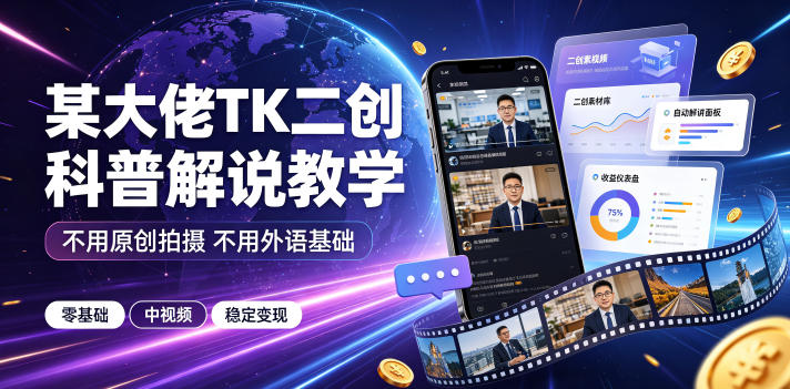 某大佬TK二创科普解说教学，不用原创拍摄不用外语基础，零基础做TikTok中视频稳定变现-来友网创