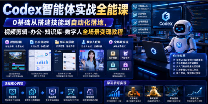 Codex智能体实战全能课｜0基础从搭建技能到自动化落地，视频剪辑-办公-知识库-数字人全场景变现教程-来友网创