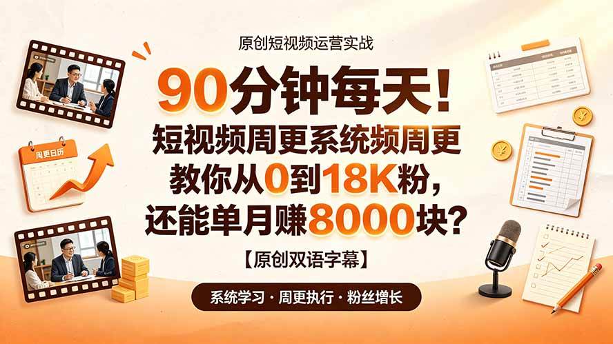 （19265期）90 分钟每天！短视频周更系统教你从 0 到 18K 粉，还能单月赚 8000 块？【原创双语字幕】-来友网创