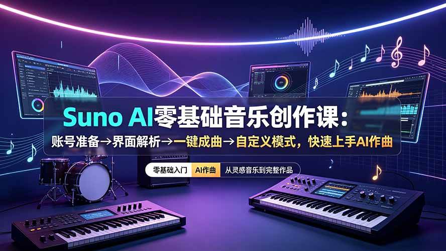 （19264期）Suno AI零基础音乐创作课：账号准备→界面解析→一键成曲→自定义模式，快速上手AI作曲-来友网创