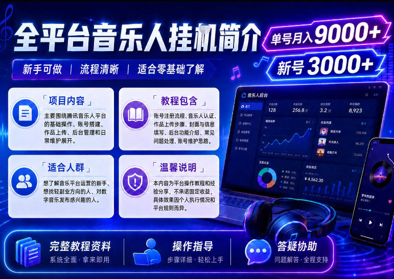 全平台音乐类挂G，单机单号月入9000+，可矩阵，可工作室放大操作【揭秘】-来友网创