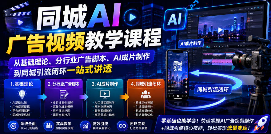 同城AI广告视频教学课程，从基础理论、分行业广告脚本、AI成片制作到同城引流闭环一站式讲透-来友网创