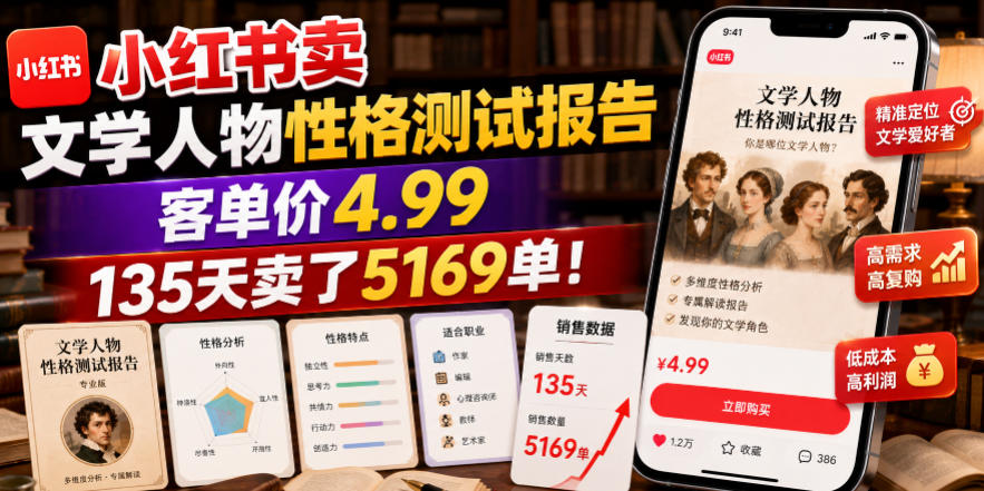 小红书卖文学人物性格测试报告，客单价4.99，135天卖了5169单！-来友网创