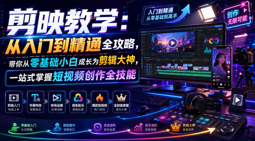 剪映教学：从入门到精通全攻略，带你从零基础小白成长为剪辑大神，一站式掌握短视频创作全技能-来友网创