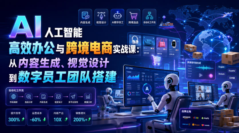 AI人工智能高效办公与跨境电商实战课：从内容生成、视觉设计到数字员工团队搭建-来友网创