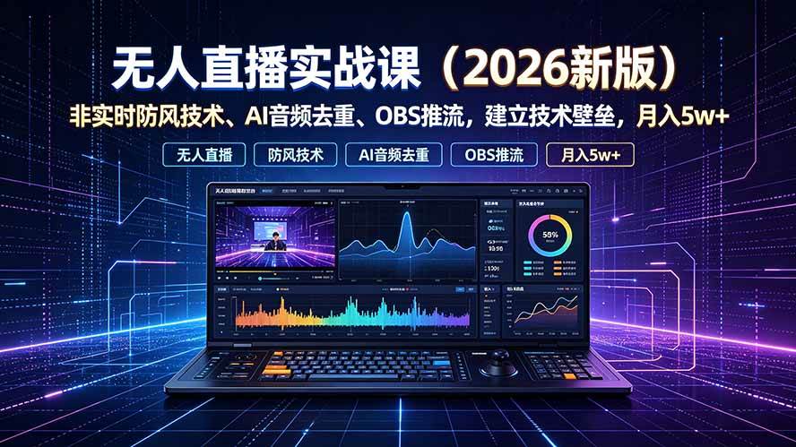 （19292期）无人直播实战课（更新7月），非实时防风技术、AI音频去重、OBS推流，建立技术壁垒，月入5w+-来友网创