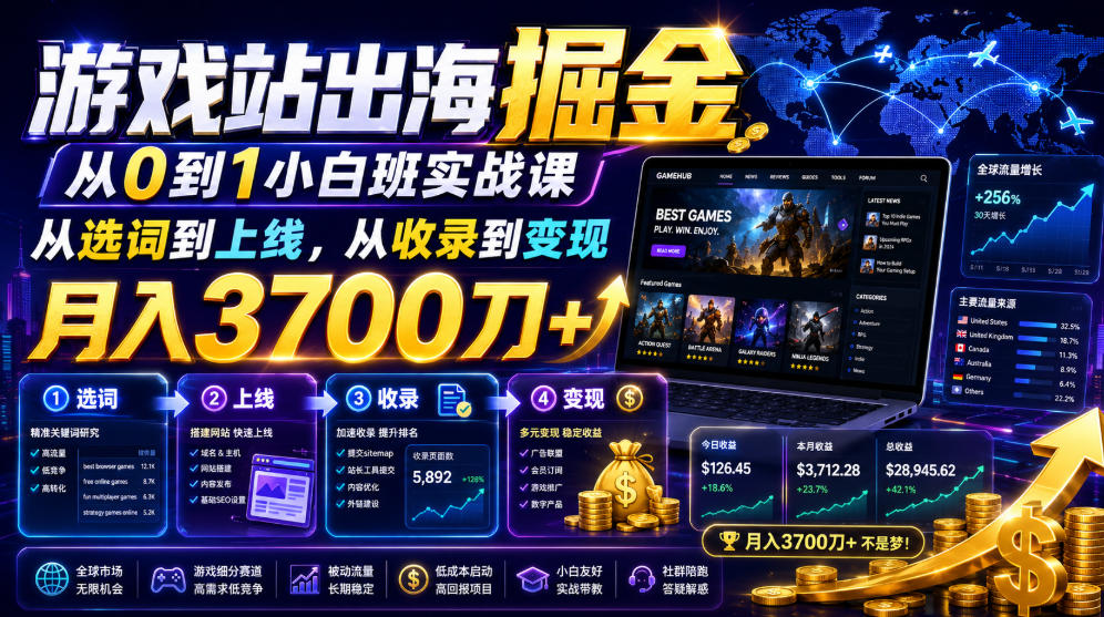 游戏站出海掘金从0到1小白实战课，从选词到上线，从收录到变现，月入3700刀+-来友网创