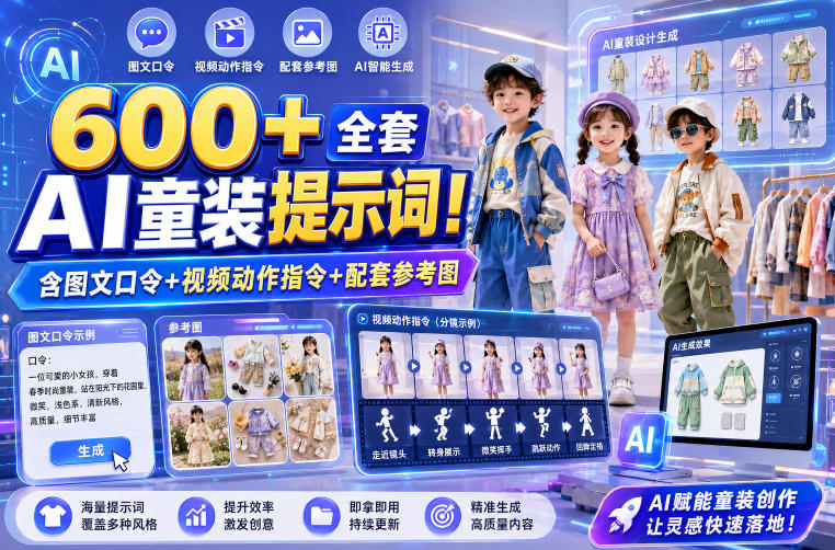 600+全套AI童装提示词！含图文口令+视频动作指令+配套参考图，Word-Excel规整分类，童装电商、种草无脑量产内容！-来友网创