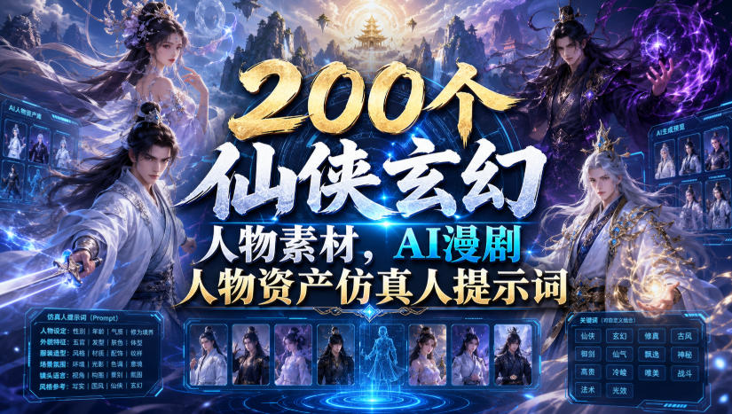 200个仙侠玄幻人物素材，AI漫剧人物资产仿真人提示词-来友网创