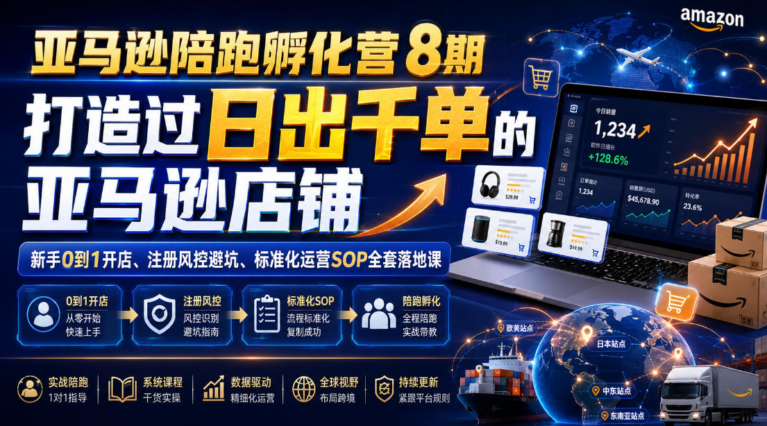 亚马逊陪跑孵化营8期，打造过日出千单的亚马逊店铺，新手0到1开店、注册风控避坑、标准化运营SOP全套落地课-来友网创