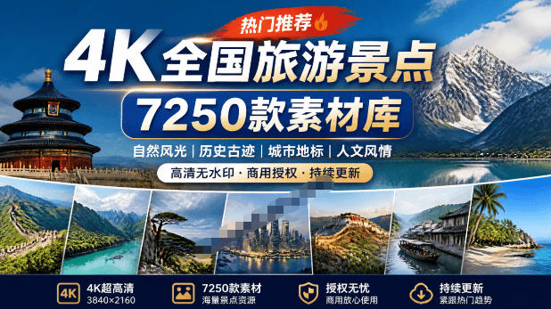 热门全国旅游风景素材！4K全国旅游景点素材库，7250款素材，旅行达人城市航拍风景风光高清短视频-来友网创
