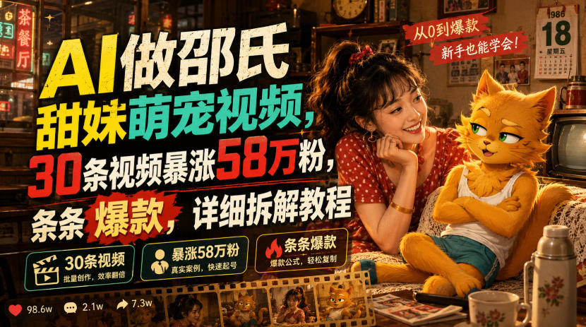 AI做邵氏甜妹萌宠视频，30条视频暴涨58万粉，条条爆款，详细拆解教程-来友网创