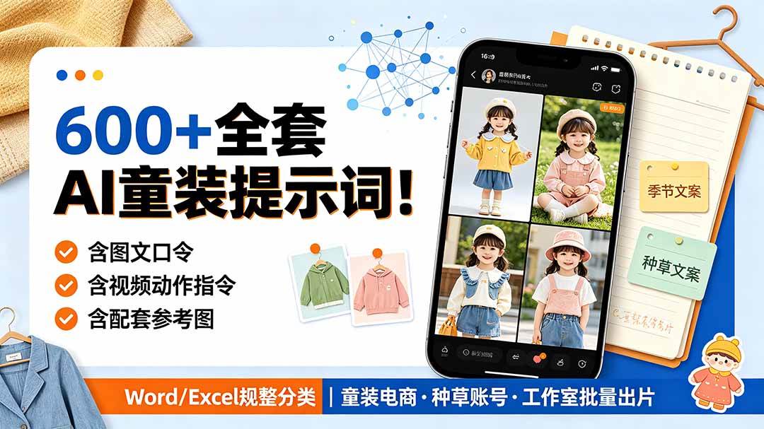 （19302期）600+全套AI童装提示词！含图文口令+视频动作指令+配套参考图，Word/Excel规整分类，童装电商、种草无脑量产内容-来友网创