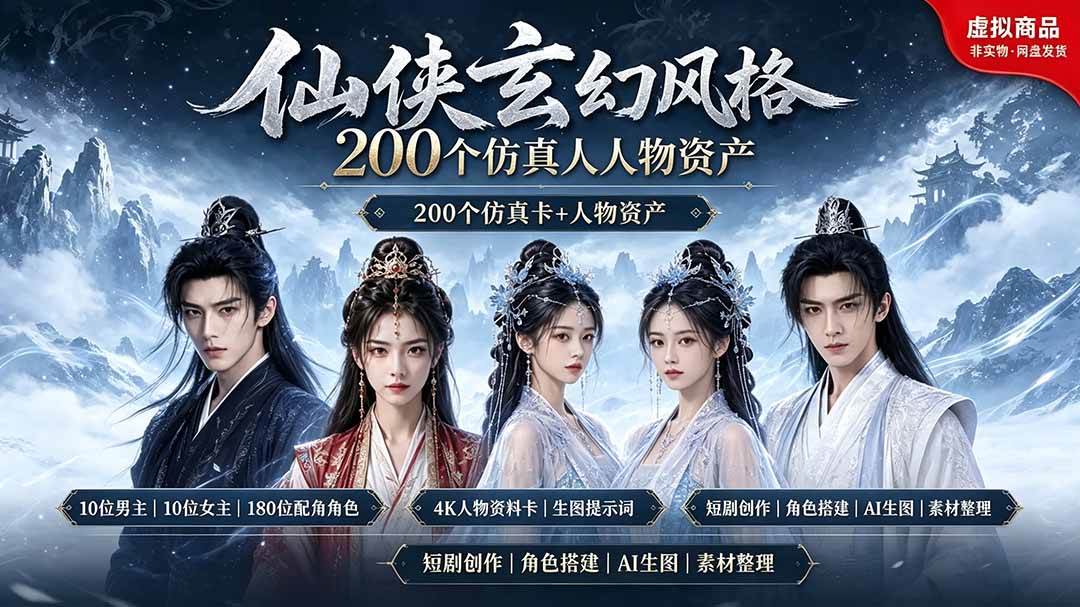 （19301期）200个仙侠玄幻仿真人素材◆10男主×10女主×180配角，4K资料卡+AI生图提示词，漫剧必备-来友网创