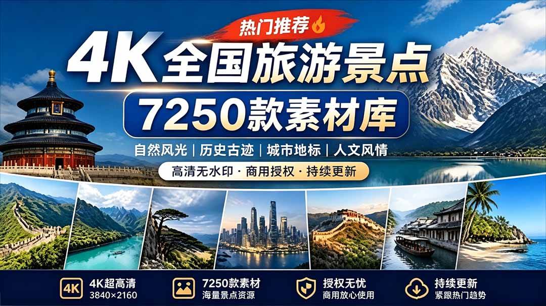 （19309期）热门全国旅游风景素材！4K全国旅游景点素材库，7250款素材，旅行达人城市航拍风景风光高清短视频-来友网创