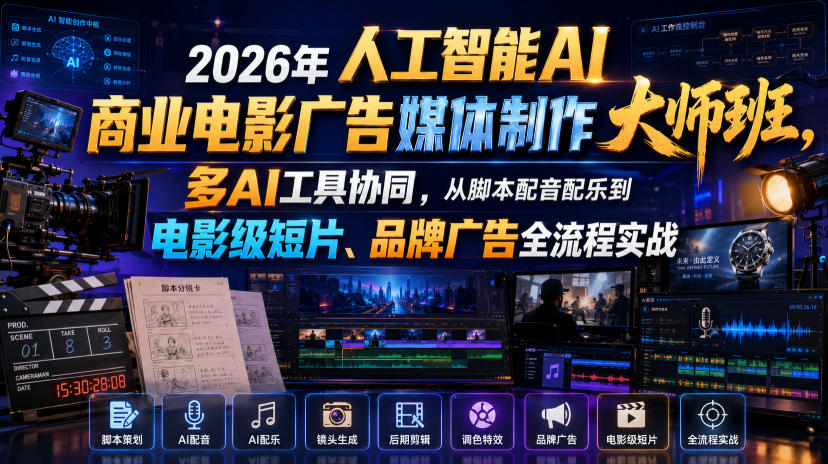 2026年人工智能AI商业电影广告媒体制作大师班，多AI工具协同，从脚本配音配乐到电影级短片、品牌广告全流程实战（中英字幕）-来友网创