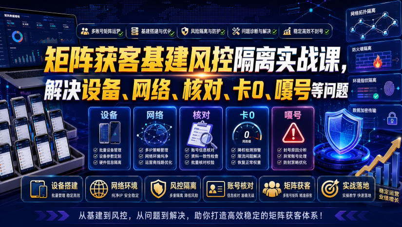 矩阵获客基建风控隔离实战课，解决设备、网络、核对、卡0、嘎号等问题-来友网创