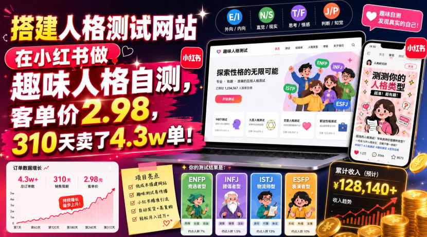 搭建人格测试网站在小红书做趣味人格自测，客单价2.98，310天卖了4.3w单！-来友网创