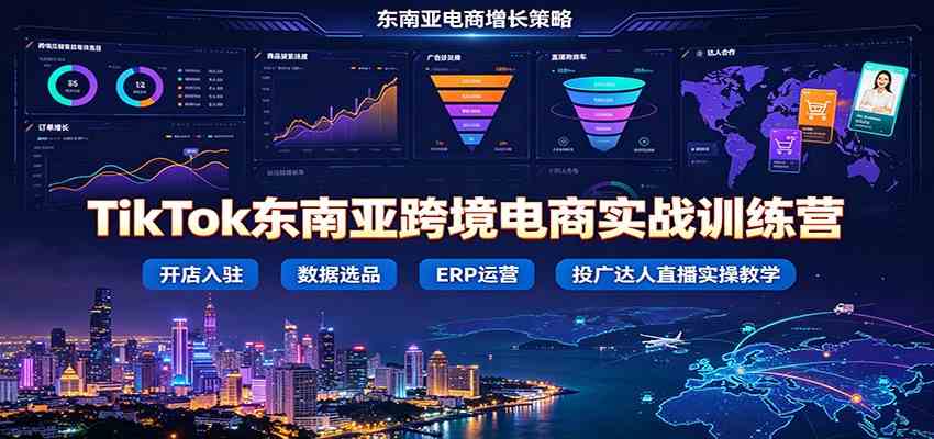 TikTok东南亚跨境电商实战训练营：开店入驻数据选品ERP运营，投广达人直播实操教学-来友网创