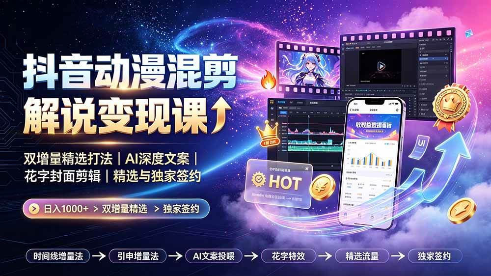 （19311期）抖音动漫混剪解说变现课：双增量精选打法｜AI深度文案｜花字封面剪辑｜ 精选与独家签约日入1000+-来友网创