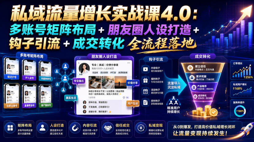 私域流量增长实战课4.0：多账号矩阵布局+朋友圈人设打造+钩子引流+成交转化全流程落地-来友网创