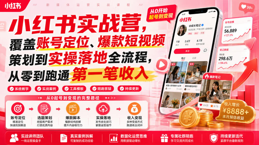 小红书实战营，覆盖账号定位、爆款短视频策划到实操落地全流程，从零到跑通第一笔收入-来友网创